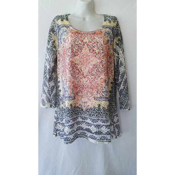 Reba Tops - Reba sz XL Made in USA Long Sleeve mesh lined eyelet argyle beach vacation top